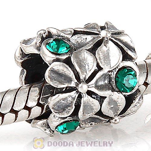 Sterling Silver Buttercup Flower European Beads with Emerald Austrian Crystal