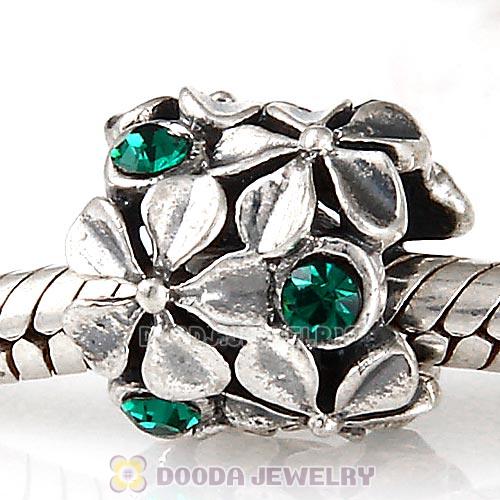 Sterling Silver Buttercup Flower European Beads with Emerald Austrian Crystal