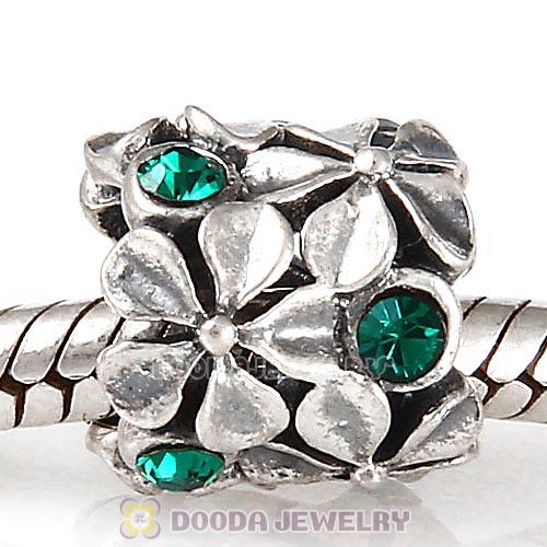 Sterling Silver Buttercup Flower European Beads with Emerald Austrian Crystal