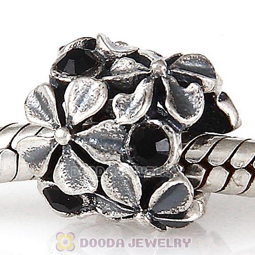 Sterling Silver Buttercup Flower European Beads with Jet Austrian Crystal