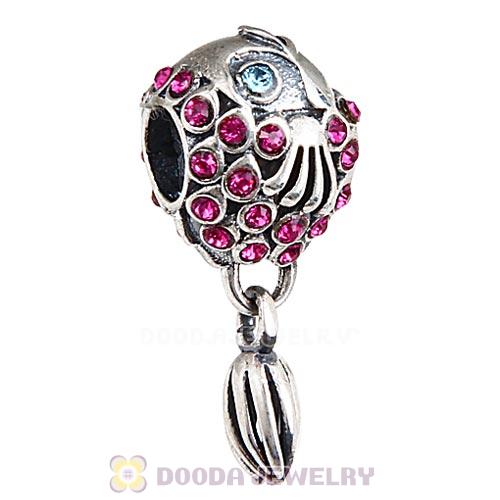 Sterling Silver Splish Splash Fish Charm with Fuchsia Austrian Crystal