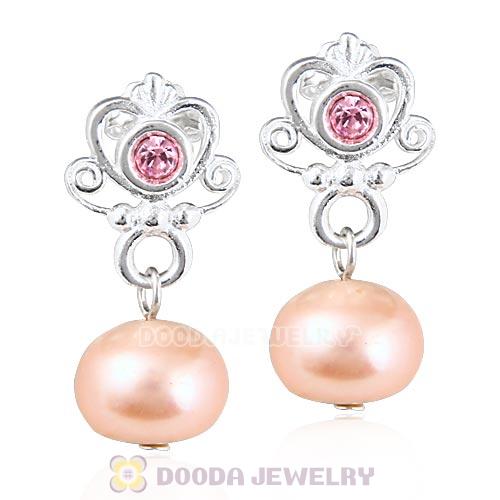 Sterling Silver My Sweet Princess with Light Rose Crystal Dangle Pearl Earrings