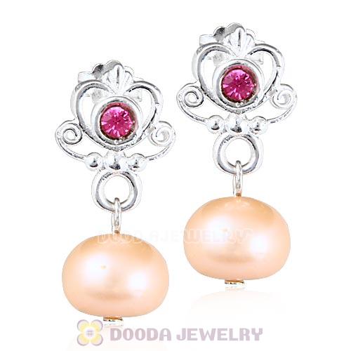 Sterling Silver My Sweet Princess with Rose Crystal Dangle Pearl Earrings