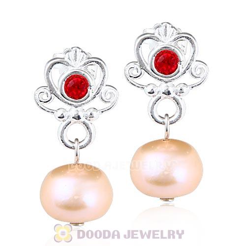 Sterling Silver My Sweet Princess with Light Siam Crystal Dangle Pearl Earrings