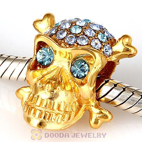 Sterling Silver Gold Plated Skull Beads with Aquamarine Austrian Crystal