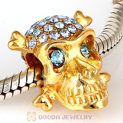 Sterling Silver Gold Plated Skull Beads with Aquamarine Austrian Crystal