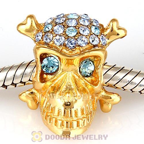 Sterling Silver Gold Plated Skull Beads with Aquamarine Austrian Crystal