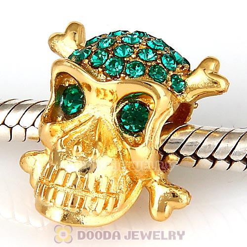 Sterling Silver Gold Plated Skull Beads with Emerald Austrian Crystal