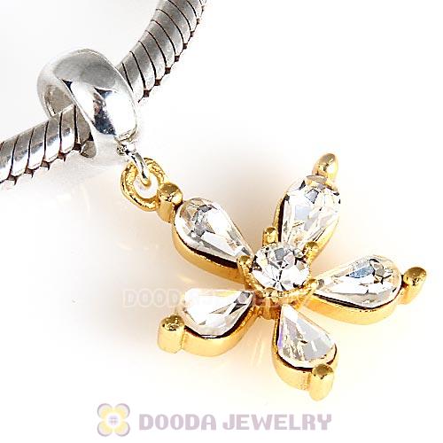 Sterling Silver Dangle Gold Plated Flower Beads with Clear Austrian Crystal