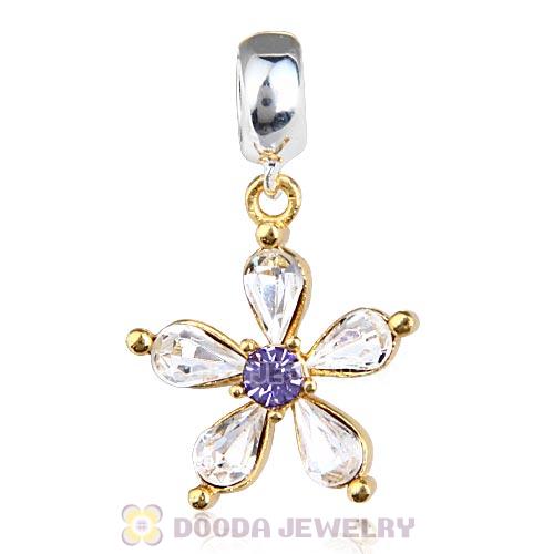 Sterling Silver Dangle Gold Plated Flower Beads with Tanzanite Clear Austrian Crystal