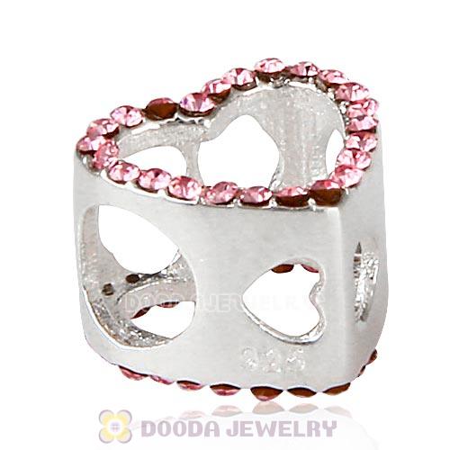 European Sterling Silver Heart Beads with Light Rose Austrian Crystal