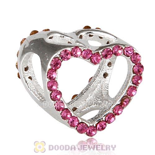 European Sterling Silver Heart Beads with Rose Austrian Crystal