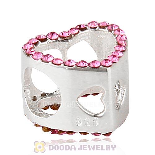 European Sterling Silver Heart Beads with Rose Austrian Crystal