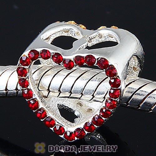 European Sterling Silver Heart Beads with Siam Austrian Crystal