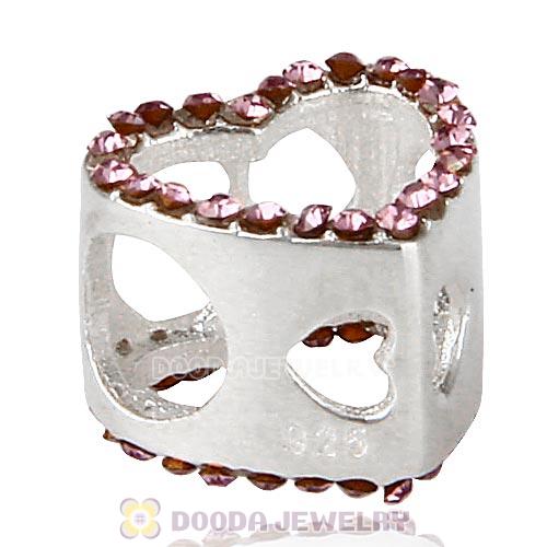 European Sterling Silver Heart Beads with Light Amethyst Austrian Crystal