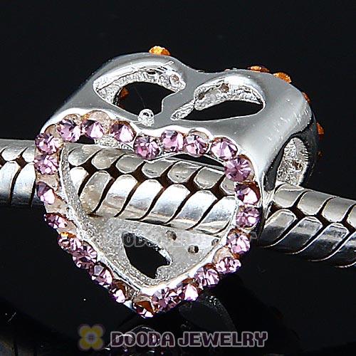 European Sterling Silver Heart Beads with Light Amethyst Austrian Crystal