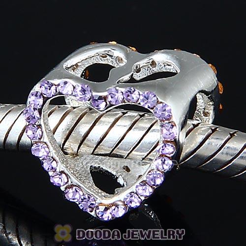 European Sterling Silver Heart Beads with Violet Austrian Crystal