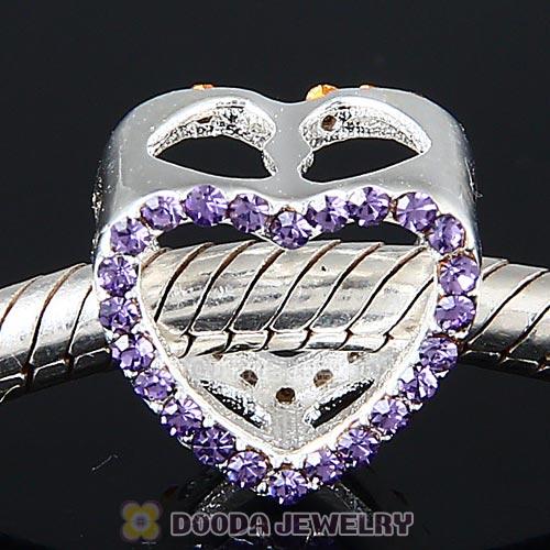 European Sterling Silver Heart Beads with Tanzanite Austrian Crystal