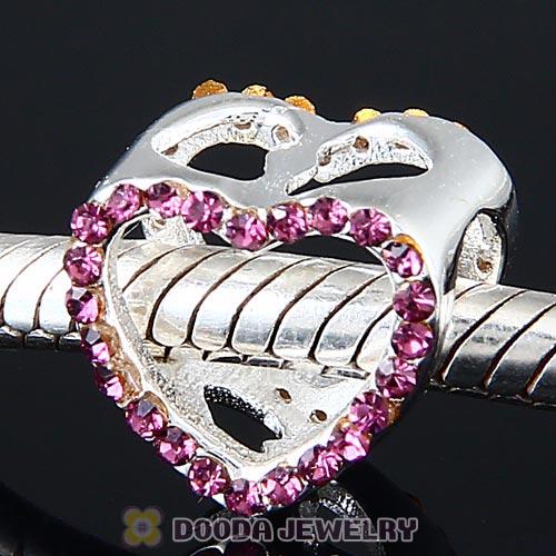 European Sterling Silver Heart Beads with Amethyst Austrian Crystal