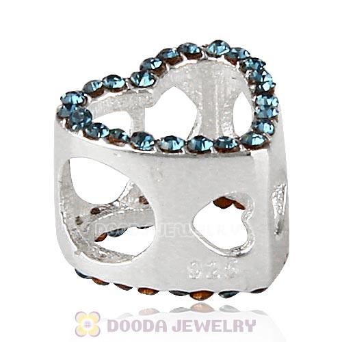 European Sterling Silver Heart Beads with Montana Austrian Crystal