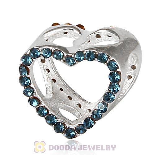 European Sterling Silver Heart Beads with Montana Austrian Crystal