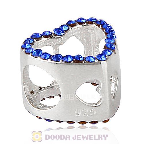 European Sterling Silver Heart Beads with Sapphire Austrian Crystal