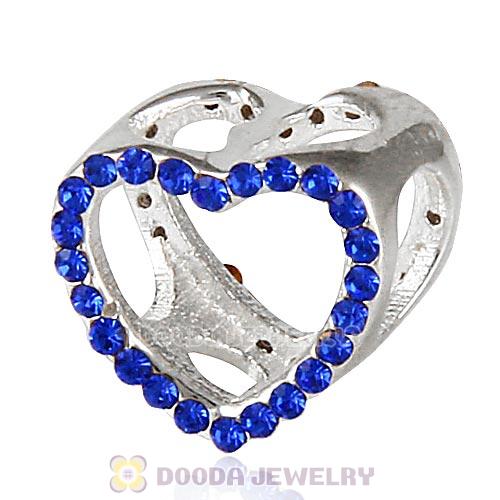 European Sterling Silver Heart Beads with Sapphire Austrian Crystal