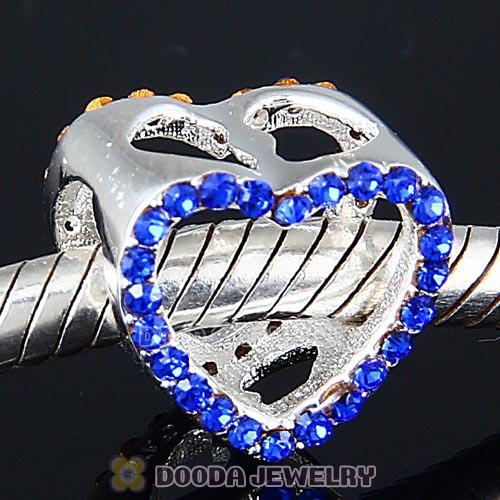 European Sterling Silver Heart Beads with Sapphire Austrian Crystal