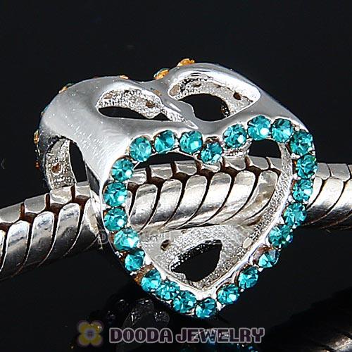 European Sterling Silver Heart Beads with Blue Zircon Austrian Crystal