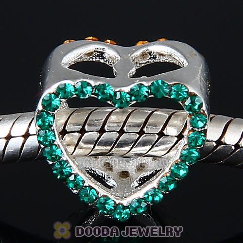 European Sterling Silver Heart Beads with Emerald Austrian Crystal