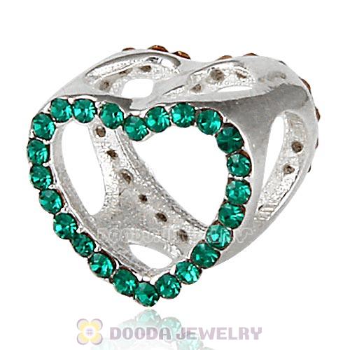 European Sterling Silver Heart Beads with Emerald Austrian Crystal