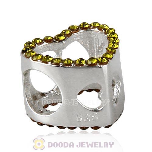 European Sterling Silver Heart Beads with Olivine Austrian Crystal