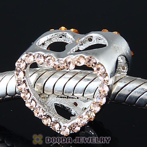 European Sterling Silver Heart Beads with Light Peach Austrian Crystal