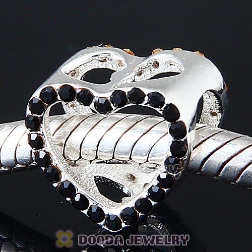 European Sterling Silver Heart Beads with Jet Austrian Crystal