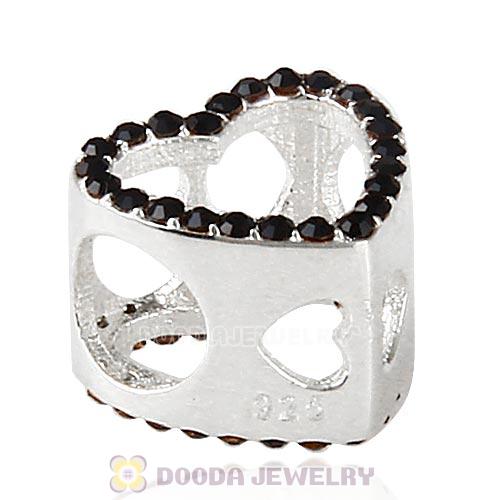 European Sterling Silver Heart Beads with Jet Austrian Crystal