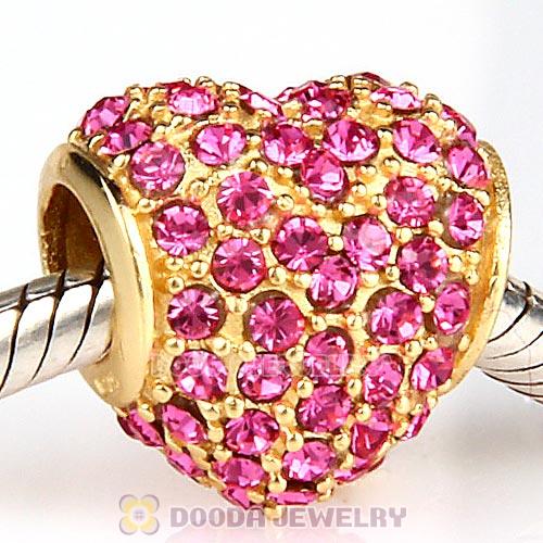 Gold Plated Sterling Pave Heart with Rose Austrian Crystal Charm