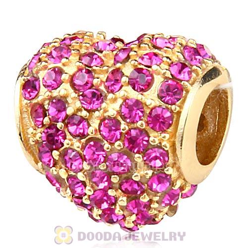 Gold Plated Sterling Pave Heart with Fuchsia Austrian Crystal Charm