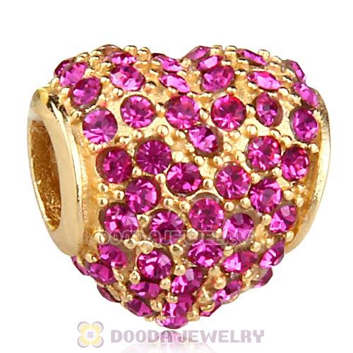 Gold Plated Sterling Pave Heart with Fuchsia Austrian Crystal Charm