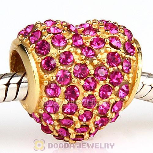 Gold Plated Sterling Pave Heart with Fuchsia Austrian Crystal Charm