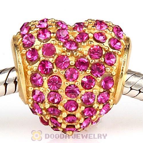 Gold Plated Sterling Pave Heart with Fuchsia Austrian Crystal Charm