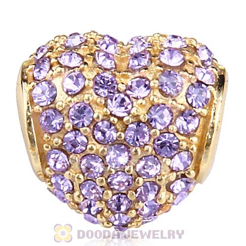 Gold Plated Sterling Pave Heart with Violet Austrian Crystal Charm