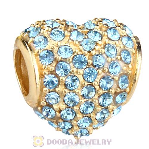 Gold Plated Sterling Pave Heart with Aquamarine Austrian Crystal Charm