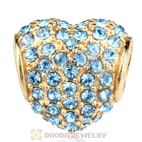 Gold Plated Sterling Pave Heart with Aquamarine Austrian Crystal Charm