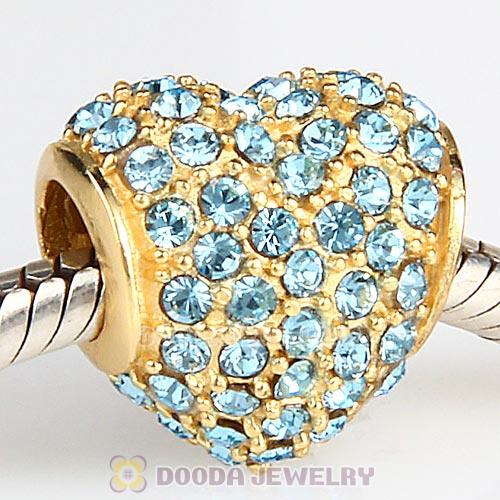 Gold Plated Sterling Pave Heart with Aquamarine Austrian Crystal Charm
