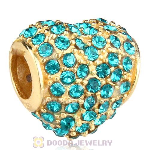Gold Plated Sterling Pave Heart with Blue Zircon Austrian Crystal Charm