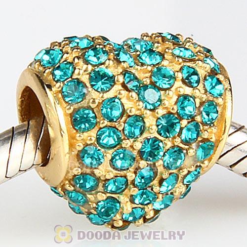 Gold Plated Sterling Pave Heart with Blue Zircon Austrian Crystal Charm