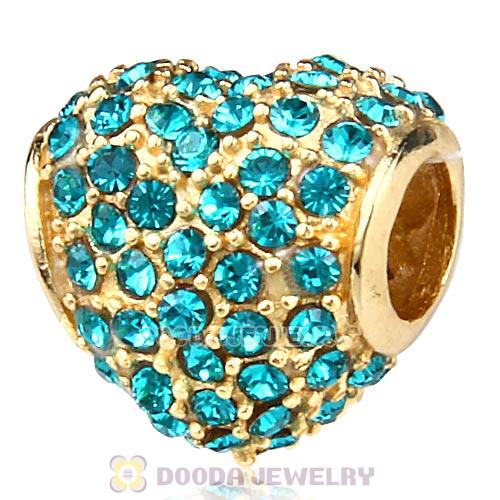 Gold Plated Sterling Pave Heart with Blue Zircon Austrian Crystal Charm