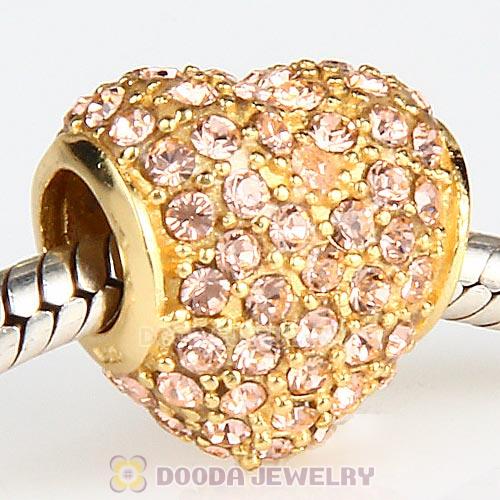 Gold Plated Sterling Pave Heart with Light Peach Austrian Crystal Charm
