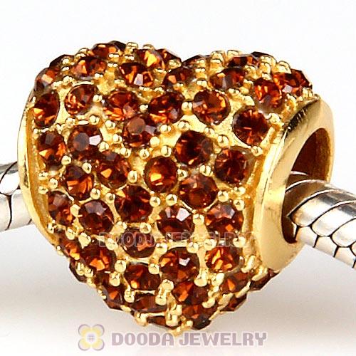 Gold Plated Sterling Pave Heart with Smoked Topaz Austrian Crystal Charm