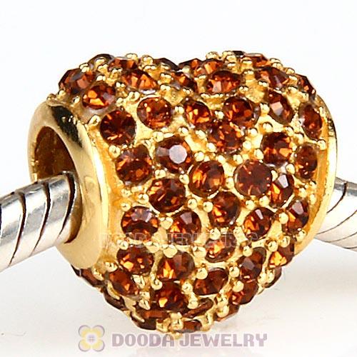Gold Plated Sterling Pave Heart with Smoked Topaz Austrian Crystal Charm
